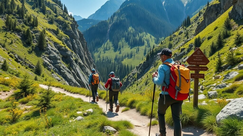Három túrázó a Medve-szurdok ösvényén, Ausztriában.