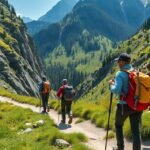 Három túrázó a Medve-szurdok ösvényén, Ausztriában.