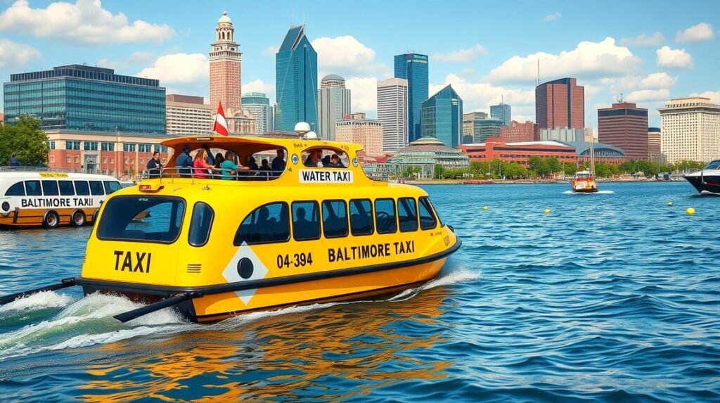 Baltimore vízi taxi a város modern Skyline-jával