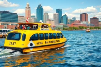 Baltimore vízi taxi a város modern Skyline-jával