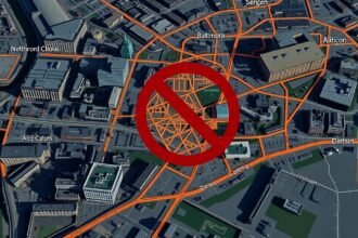 Baltimore térkép érzékelteti a kerülendő környékeket biztonsági figyelmeztetéssel.