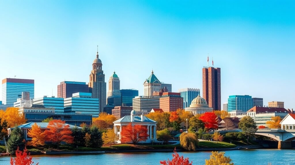 Baltimore városképe őszi színekben és világos kék ég alatt