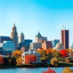 Baltimore városképe őszi színekben és világos kék ég alatt