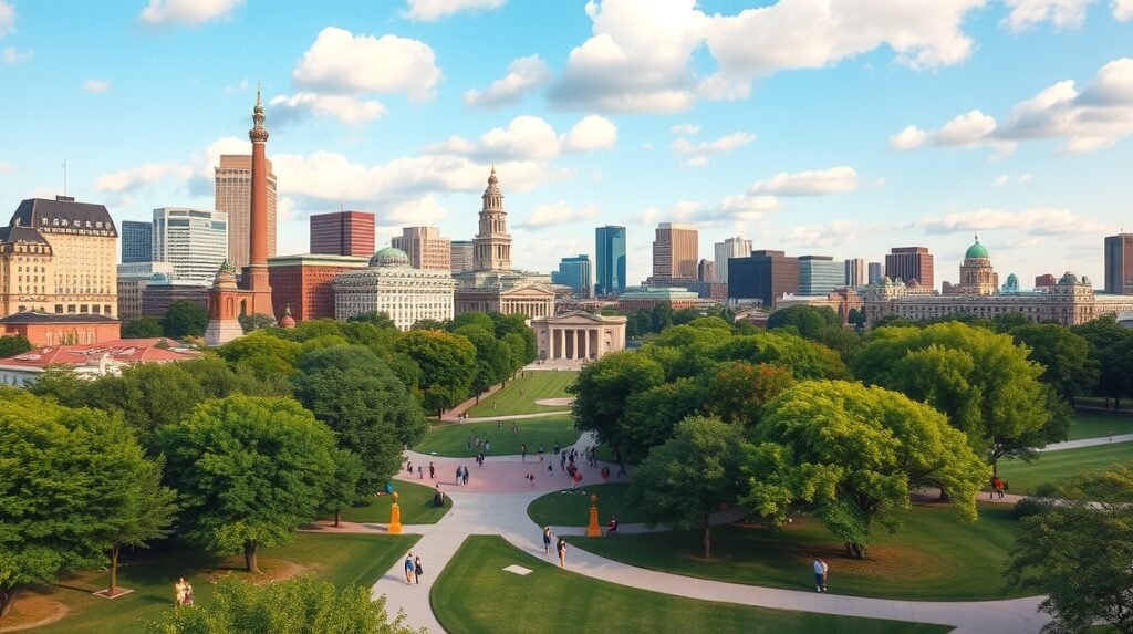 Panorámás kilátás a Boston Common parkra és a város látnivalóira.