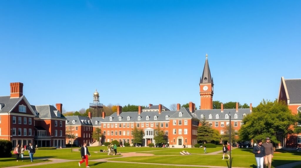 Harvard Egyetem kampusza Cambridge-ben, látogatók a zöld területen.