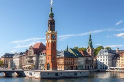 Graz városának ikonikus Óratornyának panorámája és környezete.