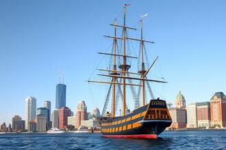 USS Constitution hadihajó a Boston városképével