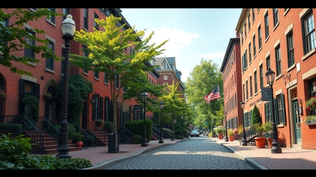 Acorn Street a Beacon Hill-en, Bostonban, vöröstégla házakkal.