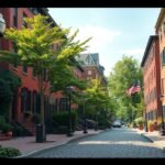 Acorn Street a Beacon Hill-en, Bostonban, vöröstégla házakkal.