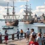 Hajók a Boston Tea Party Ships & Museum területén, látogatók körében