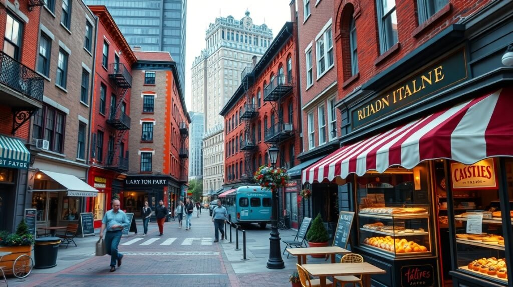 A North End olasz negyed utcája Bostonban, cukrászdákkal és népszerű kávézókkal.