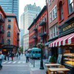 A North End olasz negyed utcája Bostonban, cukrászdákkal és népszerű kávézókkal.