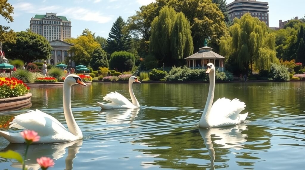 Hattyúhajók ringatóznak a Boston Public Garden taván.