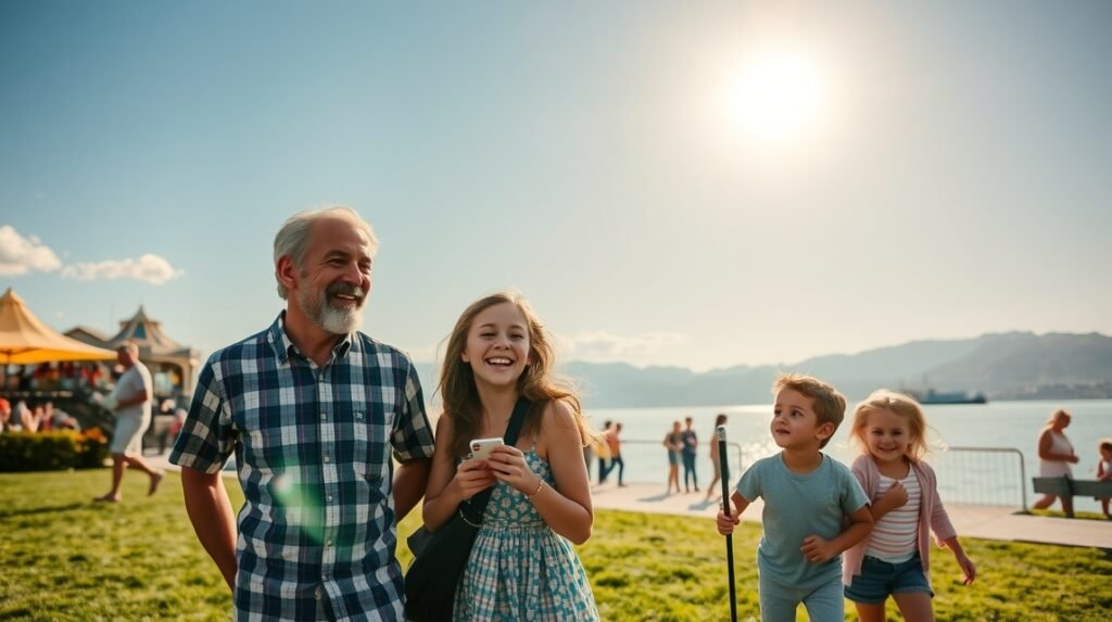 Család együtt a Fertő-tónál, vidám pillanatok a szabadban.