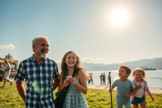 Család együtt a Fertő-tónál, vidám pillanatok a szabadban.