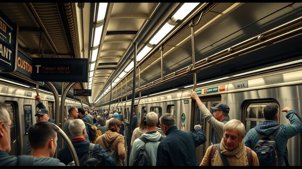 Bostoni T metró belső tér, utasokkal teli szerelvény