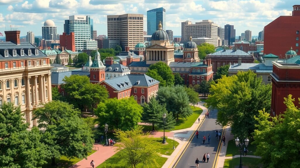 Boston egyetemnegyedének látképe zöld fák között, élénk város háttérrel