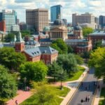 Boston egyetemnegyedének látképe zöld fák között, élénk város háttérrel