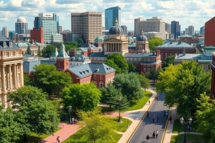 Boston egyetemnegyedének látképe zöld fák között, élénk város háttérrel