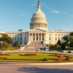 A Capitolium épülete Washingtonban gyönyörű kerttel és kupolával.