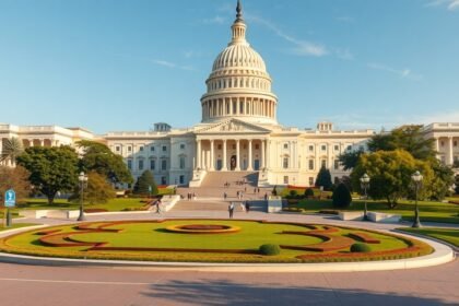 A Capitolium épülete Washingtonban gyönyörű kerttel és kupolával.