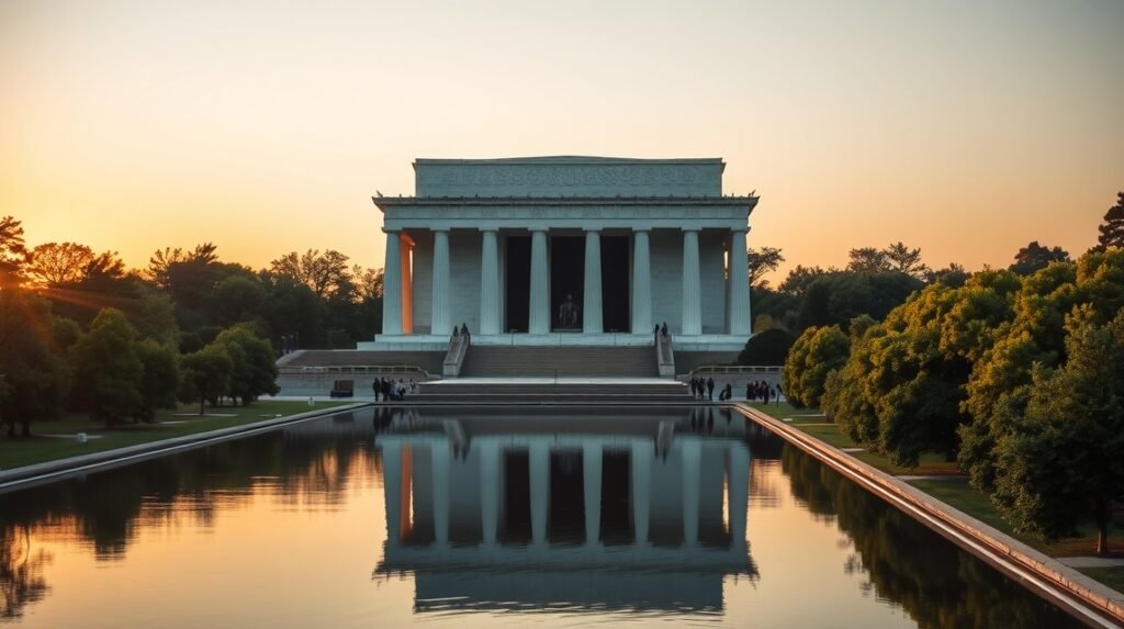 Lincoln-emlékmű és Tükörtó naplementében Washingtonban