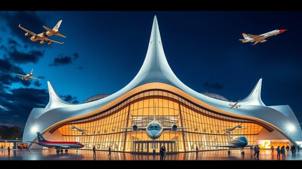 A Smithsonian Nemzeti Légi és Űrhajózási Múzeum éjszakai fényben.