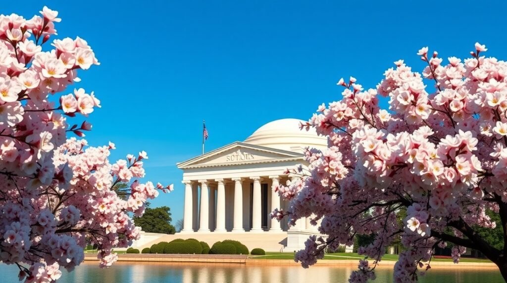 Thomas Jefferson-emlékmű cseresznyevirágokkal a Tidal Basin mellett