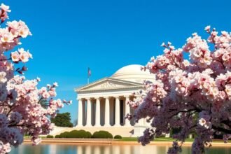 Thomas Jefferson-emlékmű cseresznyevirágokkal a Tidal Basin mellett