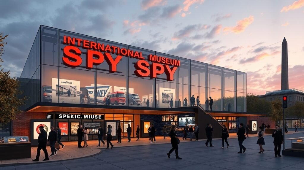 Nemzetközi Kémmúzeum bejárata Washingtonban, látogatókkal.