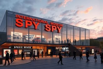 Nemzetközi Kémmúzeum bejárata Washingtonban, látogatókkal.