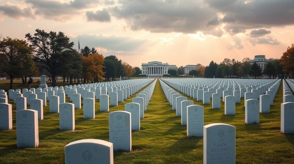 Az Arlingtoni Nemzeti Temető látképe, sírok sorával és háttérben látványos épületekkel.