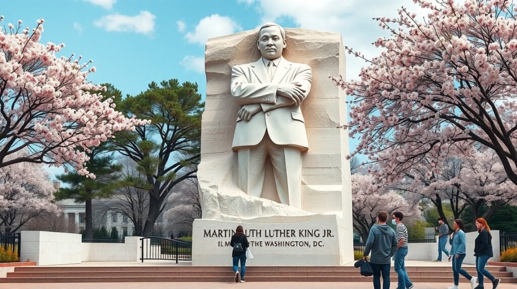 Martin Luther King Jr. emlékmű Washingtonban a cseresznyevirágok között