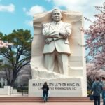 Martin Luther King Jr. emlékmű Washingtonban a cseresznyevirágok között