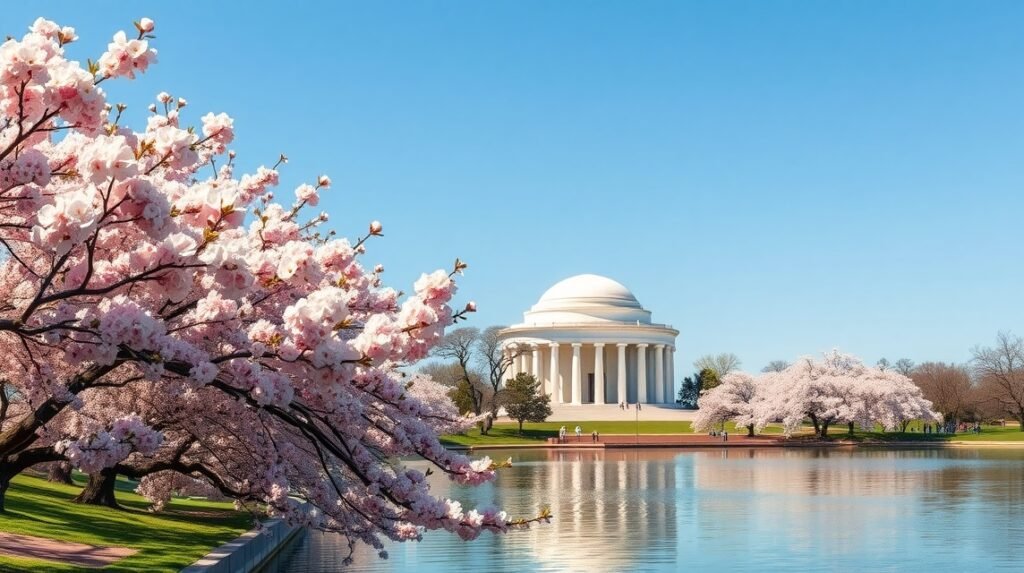 Cseresznyevirágzás Washingtonban, a Jefferson emlékhely előtt.