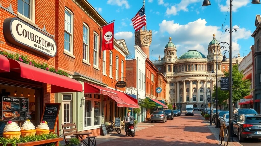 Georgetown utcai látkép cupcake bolttal és éttermekkel.