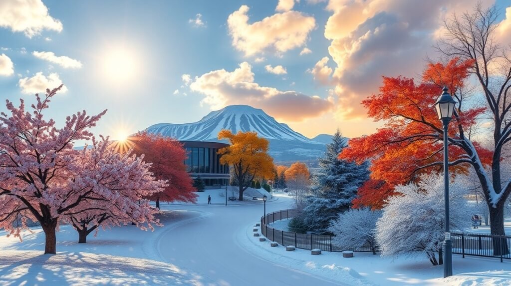 Tavaszi és őszi táj Washingtonban, gyönyörű fák és havas háttér.