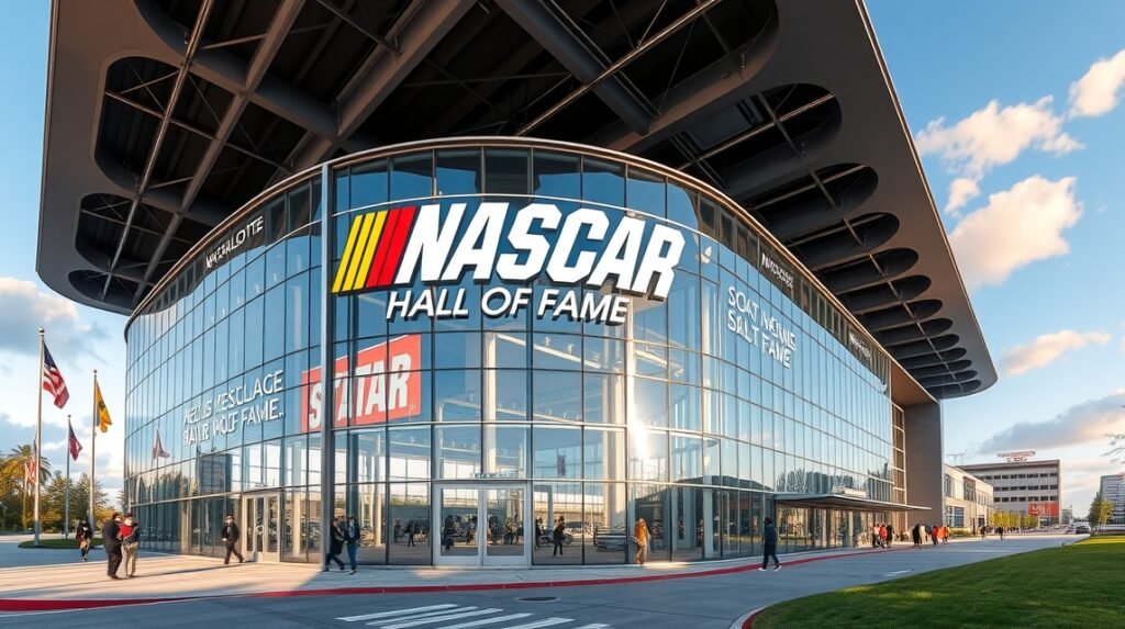 A NASCAR Hírességek Csarnoka épülete Charlotte-ban, amerikai versenyautókkal.