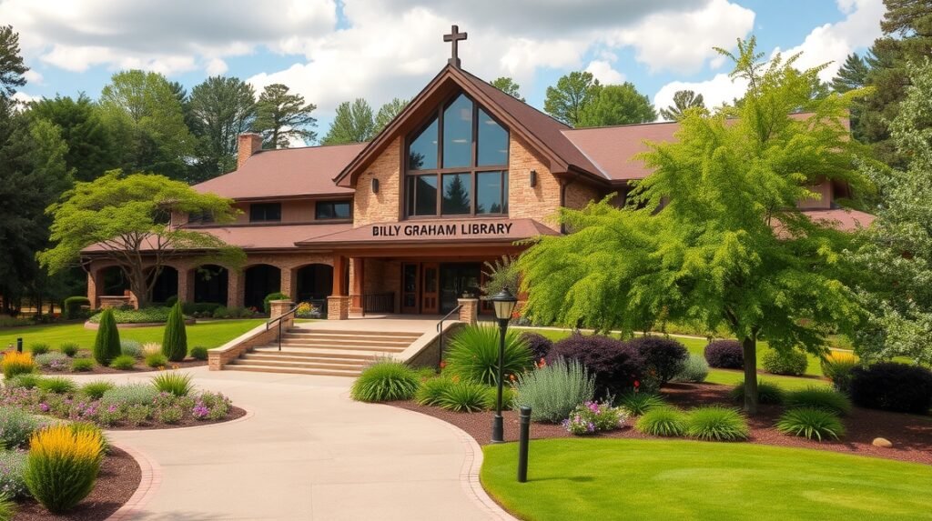 A Billy Graham Könyvtár épülete Charlotte-ban, szép kertekkel.