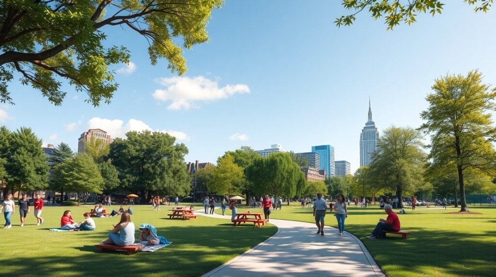 Freedom Parkban emberek pihennek és sétálnak a zöld fűben.