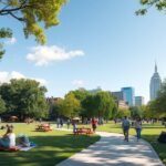 Freedom Parkban emberek pihennek és sétálnak a zöld fűben.