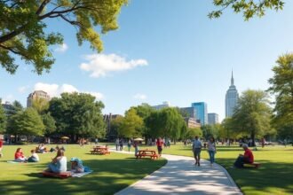 Freedom Parkban emberek pihennek és sétálnak a zöld fűben.