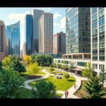 Romare Bearden Park zöld oázisa a felhőkarcolók között Charlotte-ban.