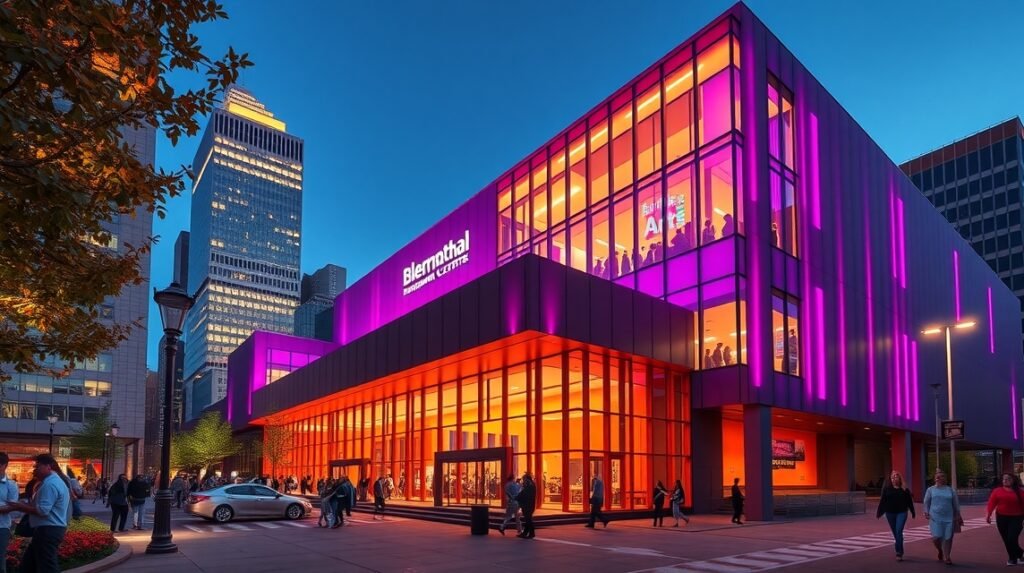 Blumenthal Performing Arts Center éjszaka Charlotte városában.