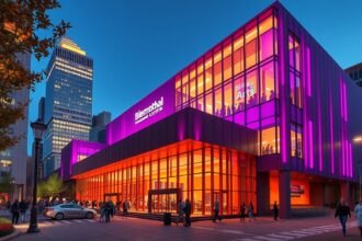 Blumenthal Performing Arts Center éjszaka Charlotte városában.