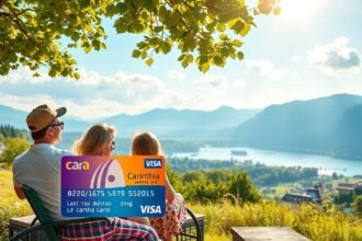 Karintia kártya használata az osztrák hegyekben, gyönyörű tájjal.