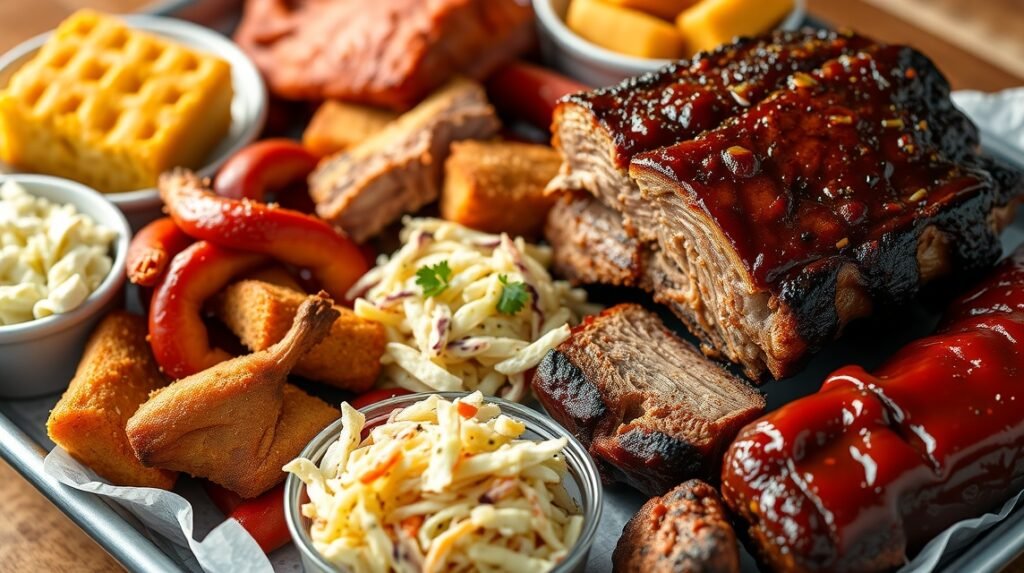 Karolinai BBQ fogások, füstölt sertés és köretek tányéron