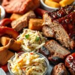 Karolinai BBQ fogások, füstölt sertés és köretek tányéron