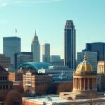 Charlotte városképe, a modern bankközpontokkal és történelmi épületekkel.