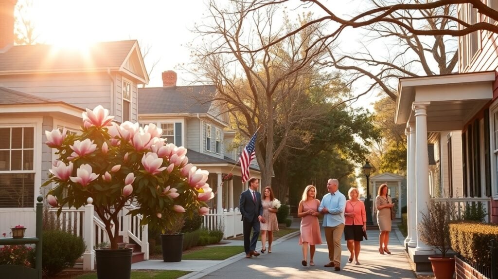 Barátságos helyiek sétálnak egy déli utcán Charlotte-ban, virágzó magnóliák között.